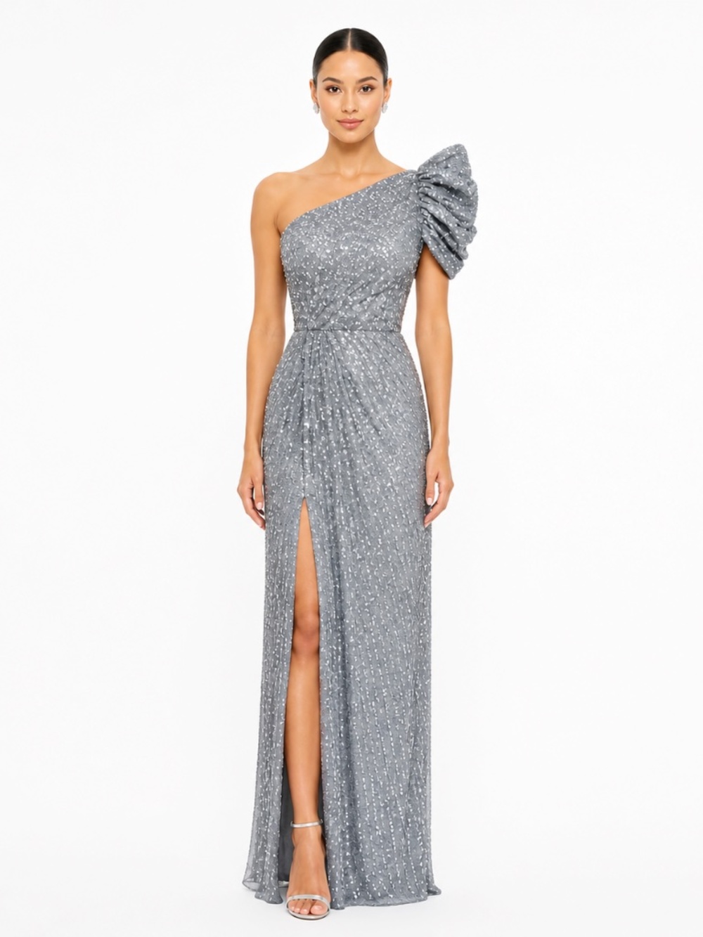 Mac Duggal. Silver Embellished Puff One Shoulder‎ Gown. #5622